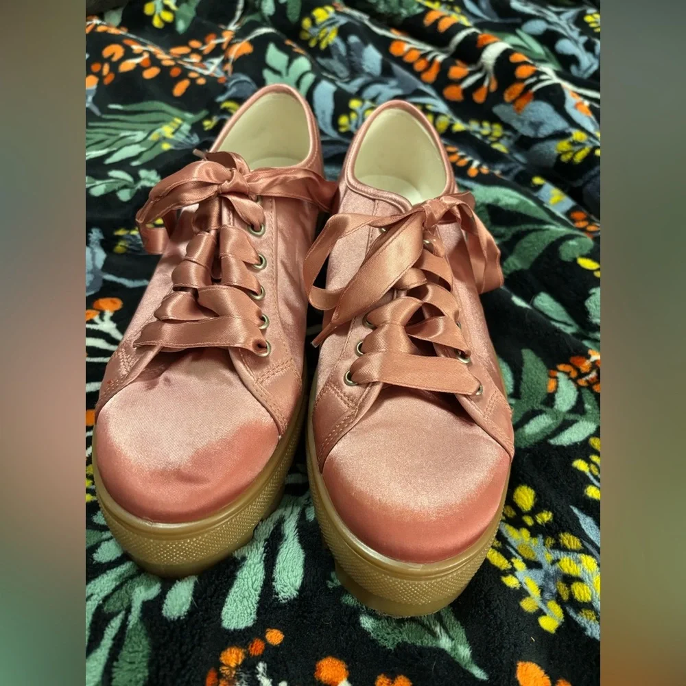Topshop Pink Satin Lace-Up Platform Sneakers Lug Sole